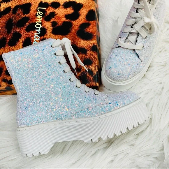 White Glitter Combat Boots - Picture 6 of 10